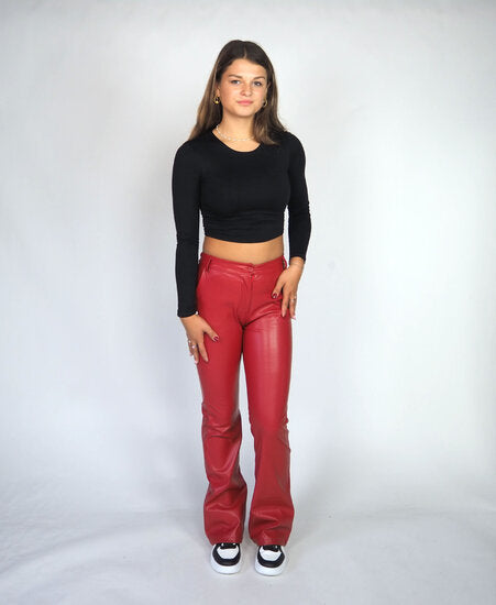 Dames broek leer zwart rood donkerbruin s m l