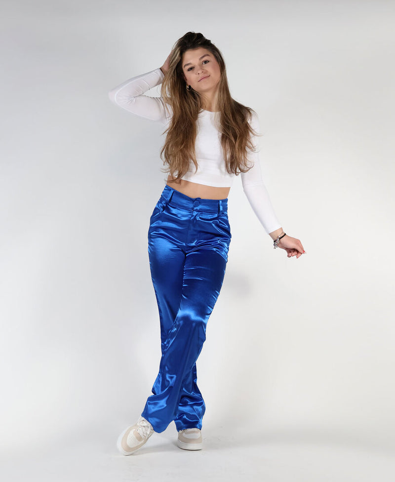 Dames broek glans blauw fluweel s m l