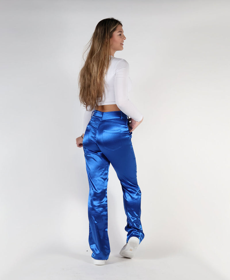 Dames broek glans blauw fluweel s m l