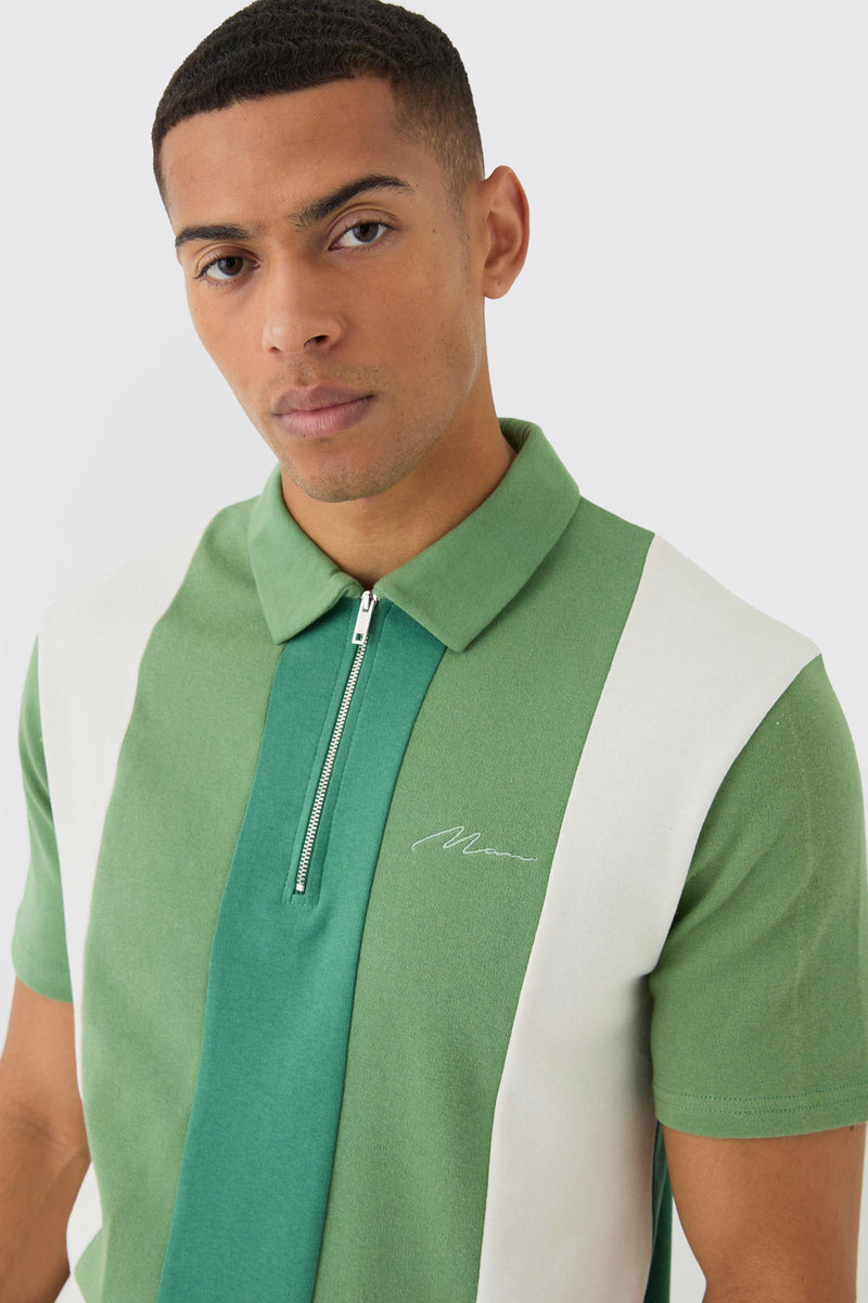 Heren interlock Slim Fit Color Block Polo Met Korte Rits S groen wit