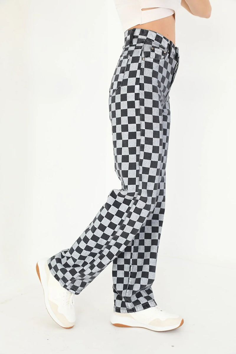 Dames broek ruiten blokjes zwart grijs xs s m l xl