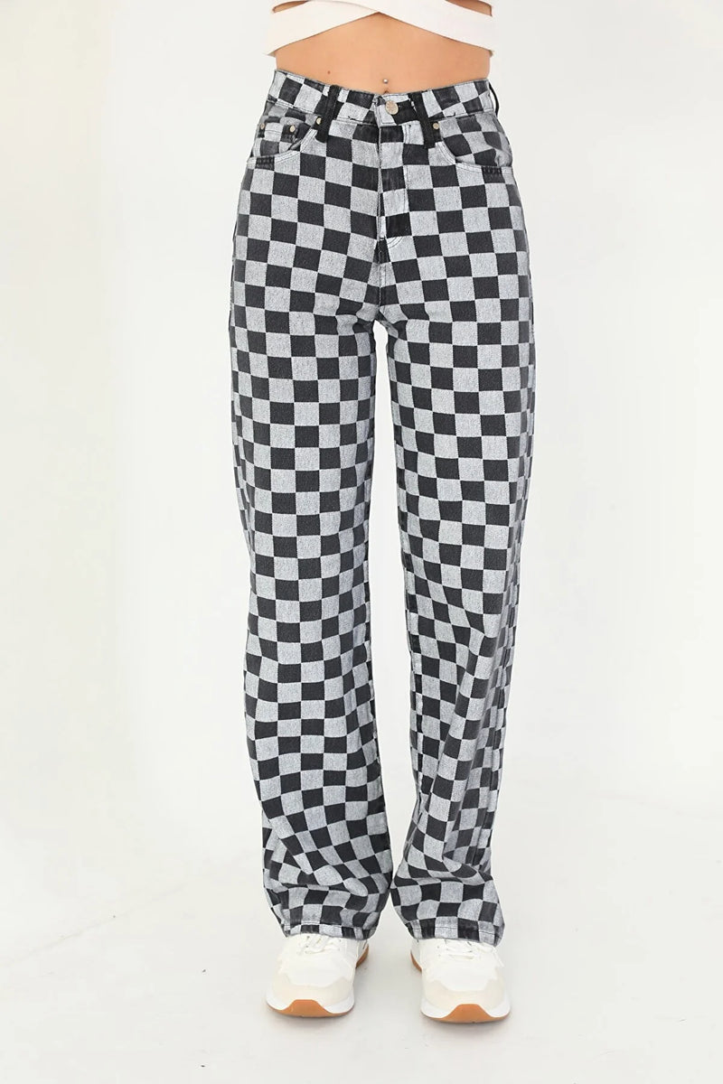 Pantalón mujer cuadros cuadros negro gris xs sml xl