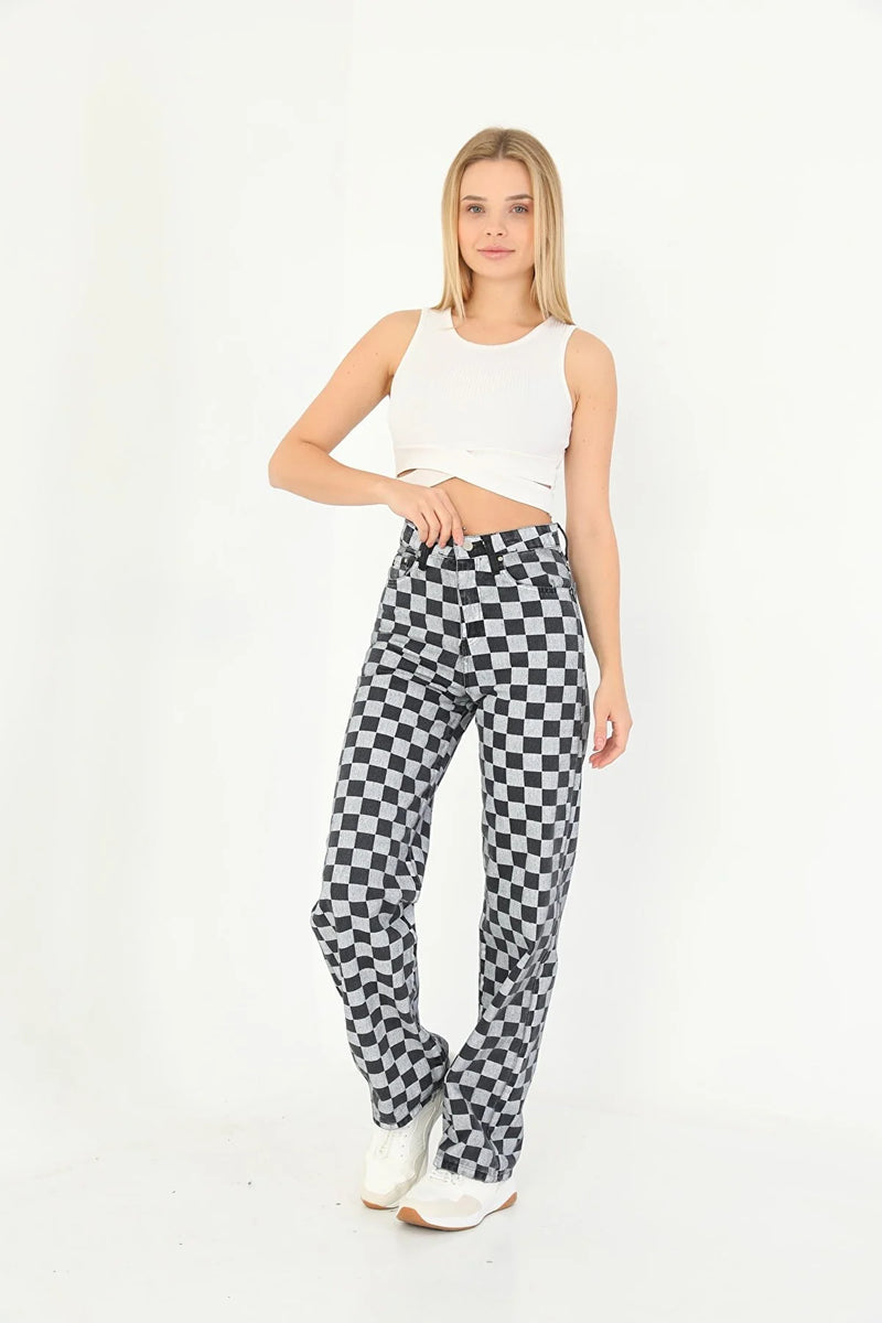 Dames broek ruiten blokjes zwart grijs xs s m l xl