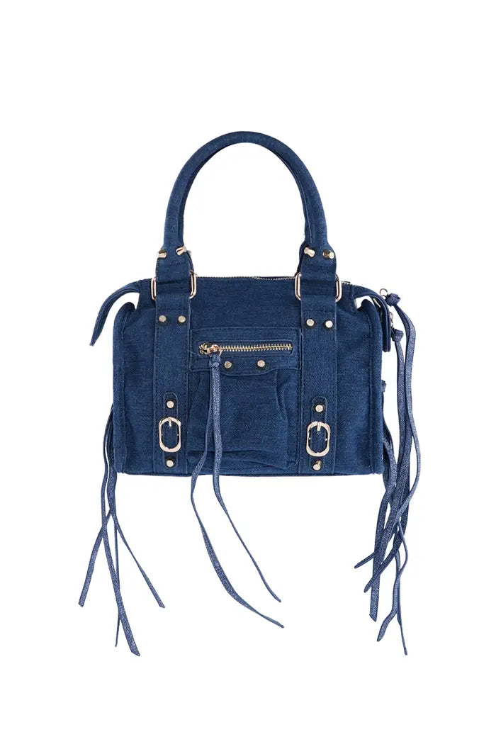 Blue fringed multi-pocket bag