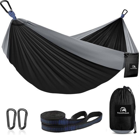 Travelhawk Hangmat - Dubbele en Enkele Hangmatten - Campingaccessoires - hangmat 2 Persoons - Incl Opbergzak Karabijnhaken en Riemen