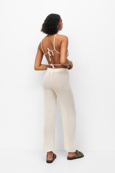 Pantalón de mujer tejido a crochet beige xs sml