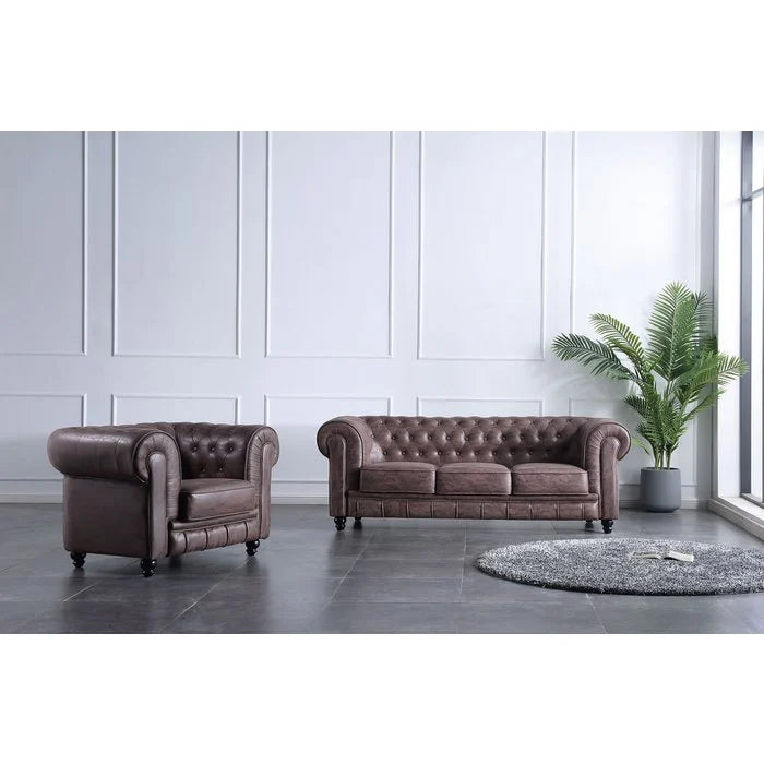 Driezitsbank chesterfield stijl  chocoladebruin wit lengte 205cm breedte 82cm hoogte 72cm