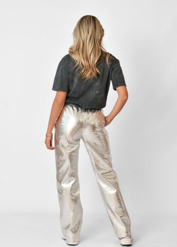 Dames broek glans zilver s m l