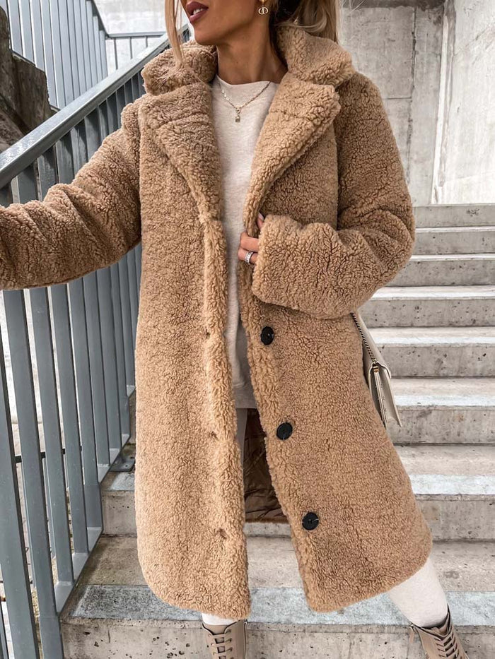 Abrigo de invierno de peluche para mujer marrón beige sml