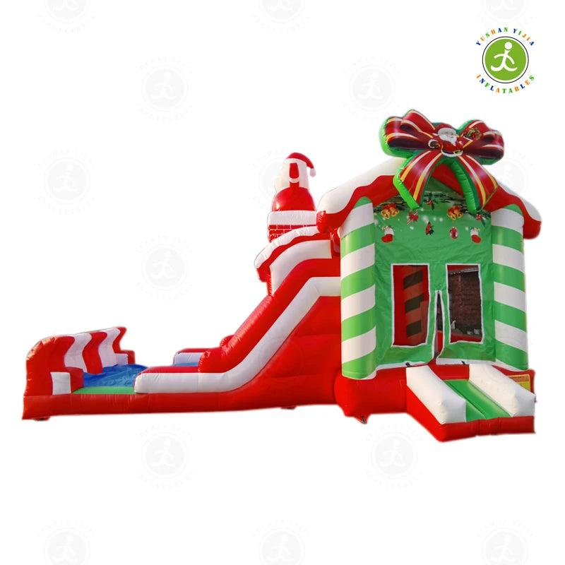 PVC opblaasbaar springkasteel met glijbaan kerstpatroon rood 7.2x4.5x4.5 meter