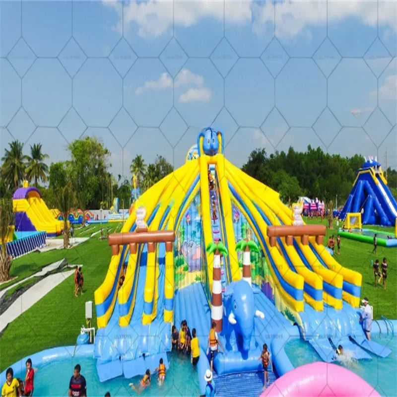 PVC compleet waterpark zwembad met glijbaan en zwembad-uitrustig blauw geel hoogte 8 meter breedte 20 meter lengte 30 meter