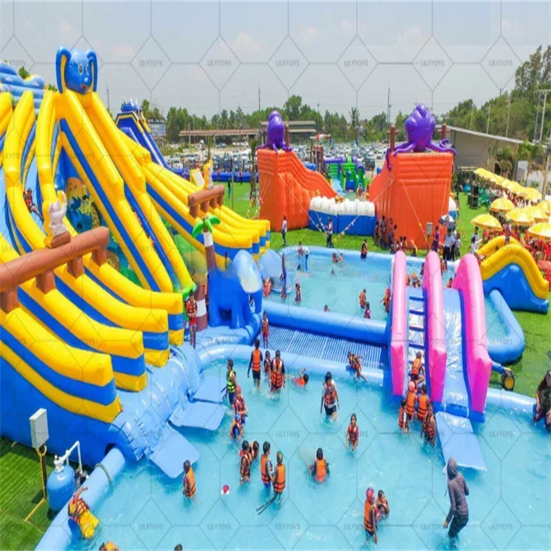 PVC compleet waterpark zwembad met glijbaan en zwembad-uitrustig blauw geel hoogte 8 meter breedte 20 meter lengte 30 meter