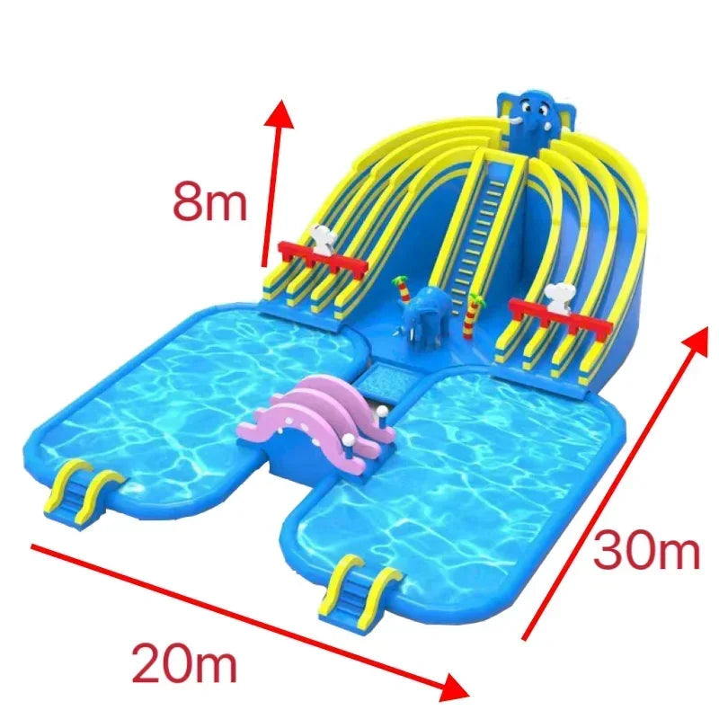 PVC compleet waterpark zwembad met glijbaan en zwembad-uitrustig blauw geel hoogte 8 meter breedte 20 meter lengte 30 meter