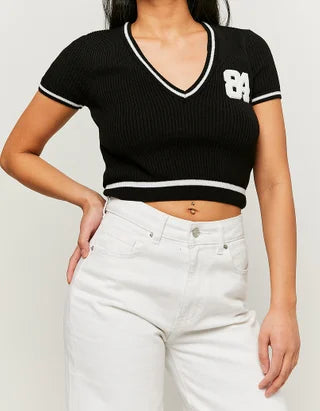 Dames trui gebreid crop top zwart wit xs s m