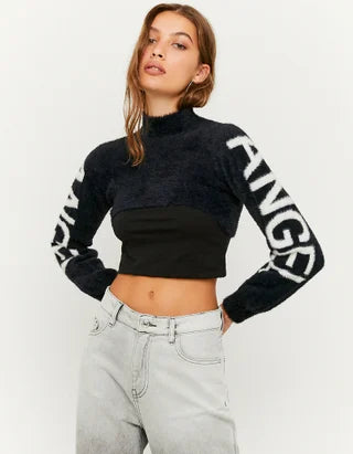 Dames trui crop top gebreid zwart lichtgroen xs s m l