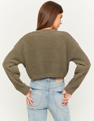 Dames trui gebreid crop top donkergrijs lichtbeige groen xs s m