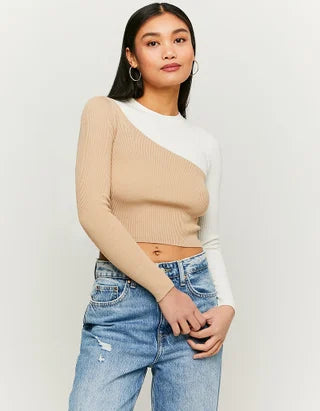 Dames trui crop top wit gestreept roze gestreept beige wit xs s m