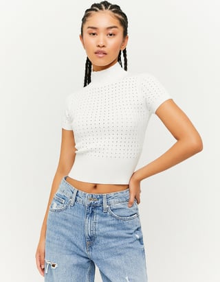 Dames shirt crop top col nek rood wit xxs xs s m l