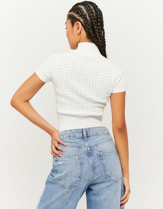 Dames shirt crop top col nek rood wit xxs xs s m l