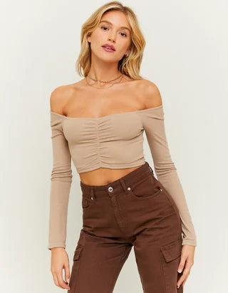 Dames shirt crop top lange mouwen bruin beige wit groen xs s m l