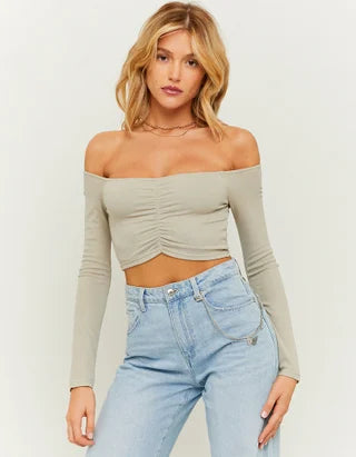 Dames shirt crop top lange mouwen bruin beige wit groen xs s m l