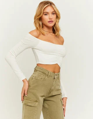 Dames shirt crop top lange mouwen bruin beige wit groen xs s m l