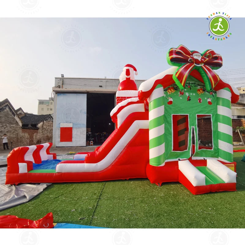 PVC opblaasbaar springkasteel met glijbaan kerstpatroon rood 7.2x4.5x4.5 meter