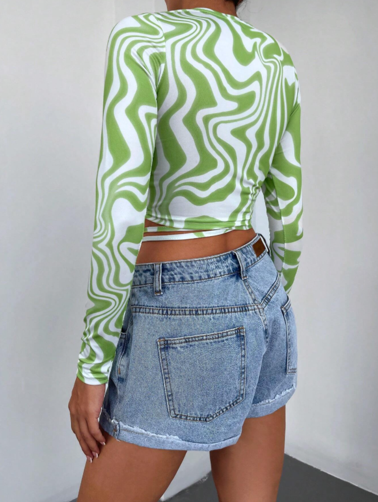 Dames shirt top criss cross groen wit xs s m