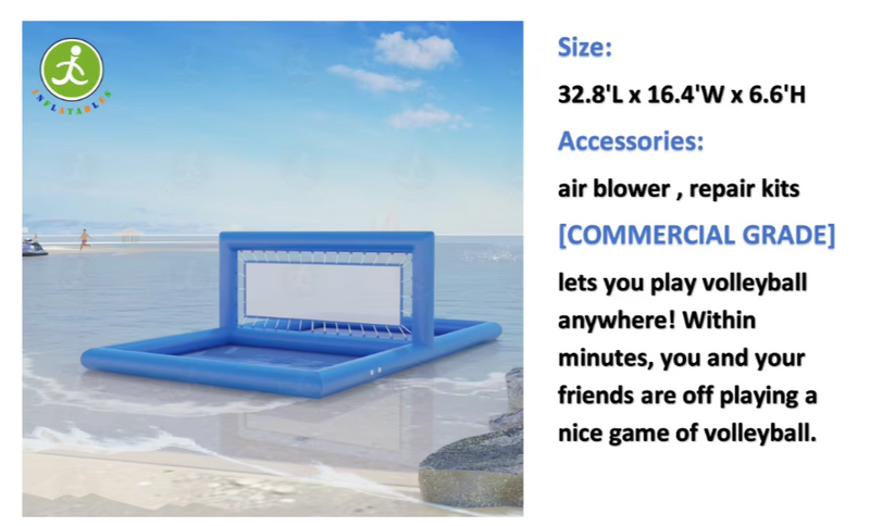 RTS-Draagbaar buitenvolleybalveld opblaasbaar luchtgevuld familieplezier, 800W luchtblazer, 33L 16W 7H ft / 10L x 5W x 2.1H m