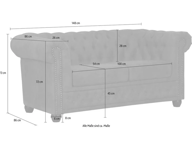 Tweezitsbank chesterfield stijl leer bruin zwart donkerbruin Antraciet Breedte 148 cm Diepte 86 cm Hoogte 72 cm Zithoogte 45 cm