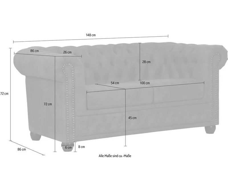 Tweezitsbank chesterfield stijl leer bruin zwart donkerbruin Antraciet Breedte 148 cm Diepte 86 cm Hoogte 72 cm Zithoogte 45 cm