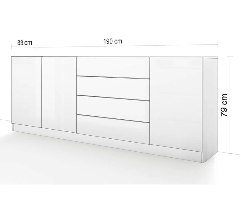 Aparador de pared moderno blanco brillante negro Ancho 190 cm Fondo 35 cm Alto 79 cm