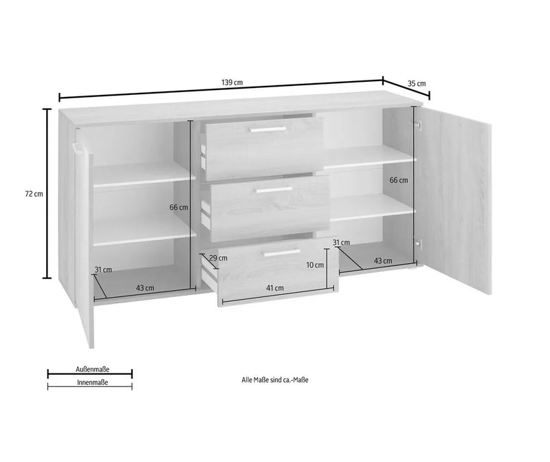 Dressoir wandmeubel modern lichtbruin donkerbruin Breedte 139 cm Diepte 35 cm Hoogte 72 cm