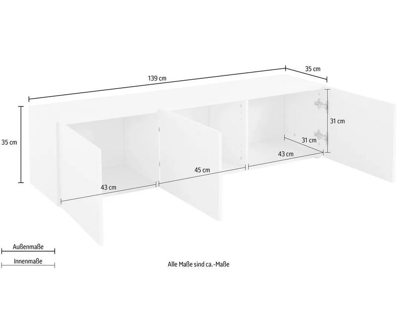 TV meubel wandmeubel wit Breedte 139 cm Diepte 35 cm Hoogte 35 cm