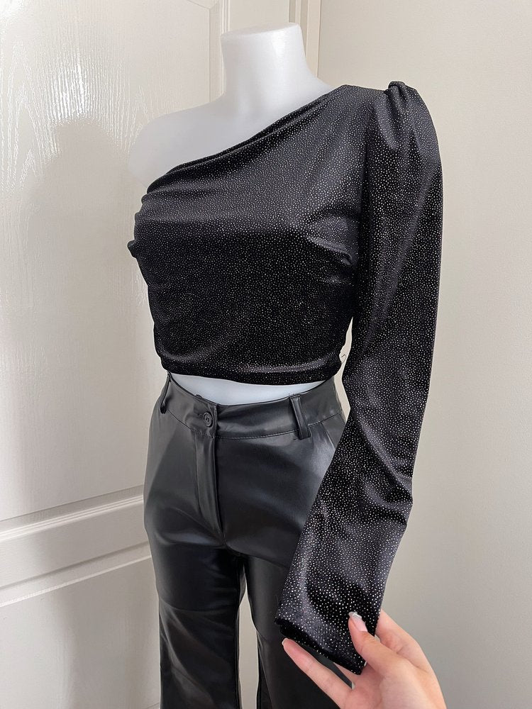 Dames shirt crop top zwart glitters s m l