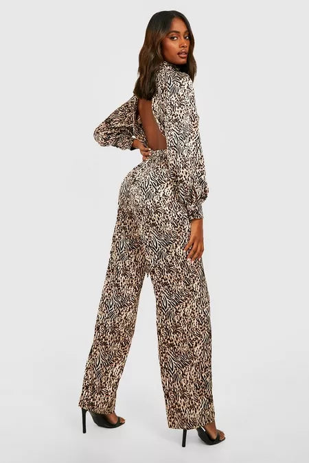 Dames jumpsuit dierenprint crème bruin m