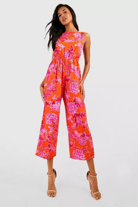 Dames jumpsuit s m l bloemetjes oranje roze