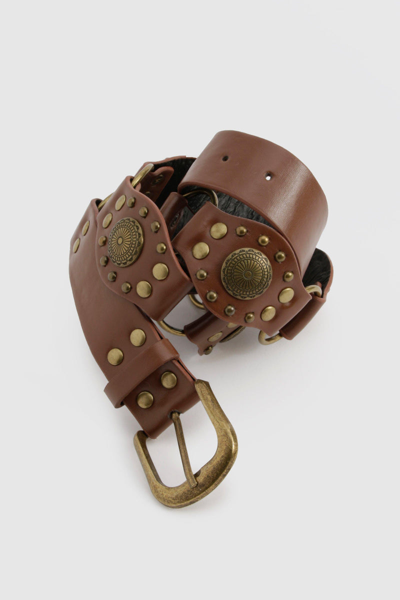 Dames western riem met studs en Ring bruin one size