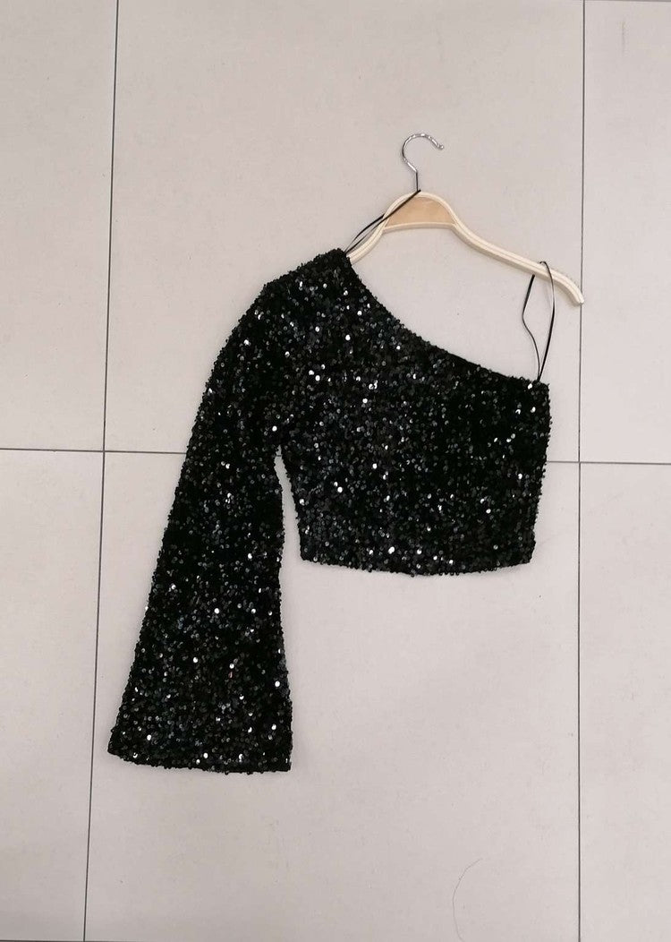 Dames shirt crop top zwart glitters s m l xl