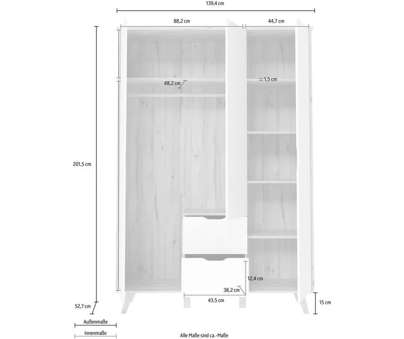 Kledingkast modern mat wit eiken bruin Breedte 139,4 cm Diepte 52,7 cm Hoogte 201,5 cm