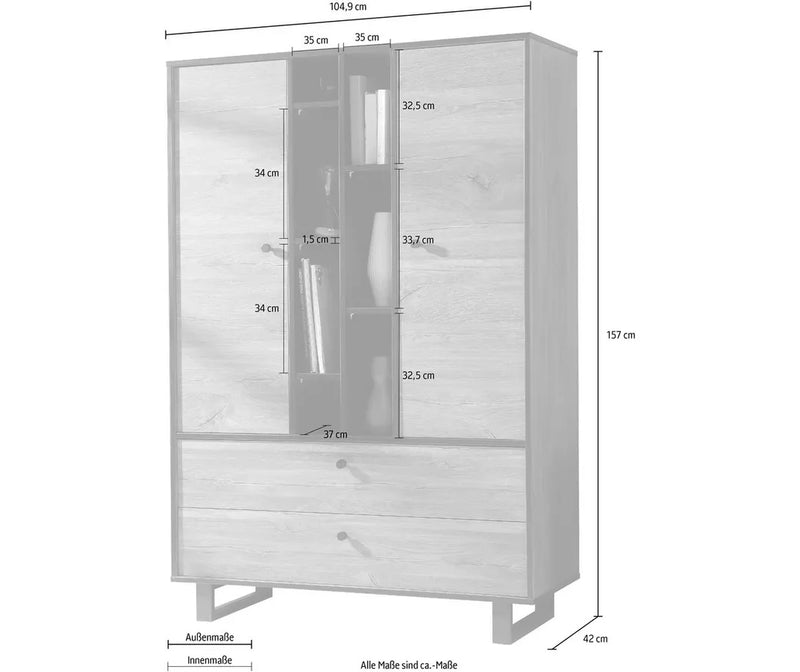 Dressoir wandmeubel landelijk modern bruin zwart Breedte 104,9 cm Diepte 42 cm Hoogte 157 cm