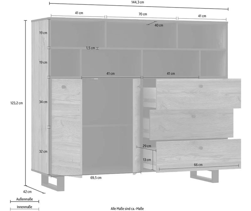 Dressoir wandmeubel landelijk modern zwart bruin Breedte 144,3 cm Diepte 42 cm Hoogte 123,2 cm