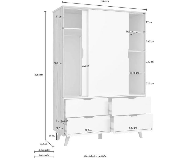 Kledingkast modern wit eiken bruin Breedte 139,4 cm Diepte 52,7 cm Hoogte 201,5 cm