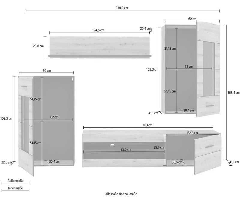 TV meubel wandmeubel modern landelijk bruin (4 stuks) Breedte 238,2 cm