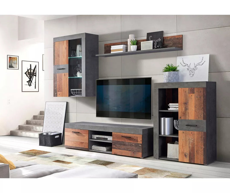 Mueble TV mueble alto moderno marrón gris oscuro (4 piezas)