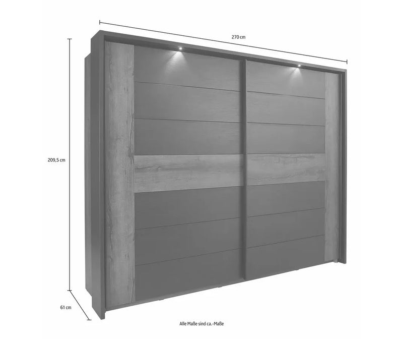 Kledingkast zweefdeurkast met verlichting modern zwart eiken donkerbruin Breedte 270 cm Diepte 61 cm Hoogte 210 cm