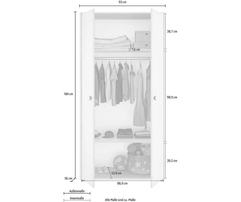 Kledingkast wit bruin Breedte 93 cm Diepte 56 cm Hoogte 184 cm