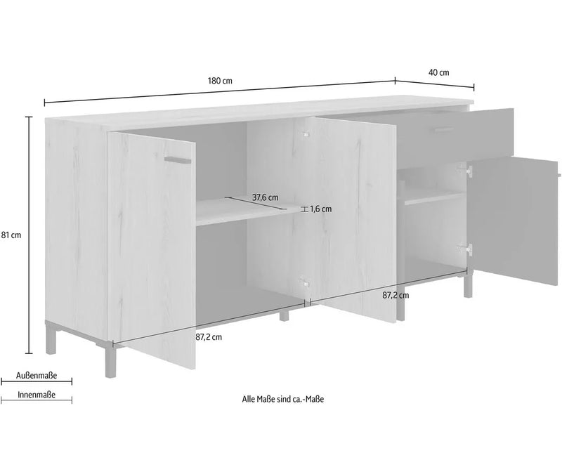 Dressoir wandmeubel modern lichtbruin zwart Breedte 180 cm Diepte 40 cm Hoogte 81 cm