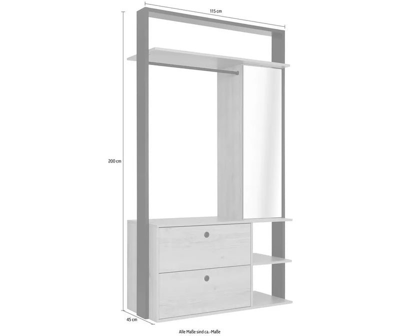 Kledingkast open modern eiken bruin wit Breedte 115 cm Diepte 45 cm Hoogte 200 cm