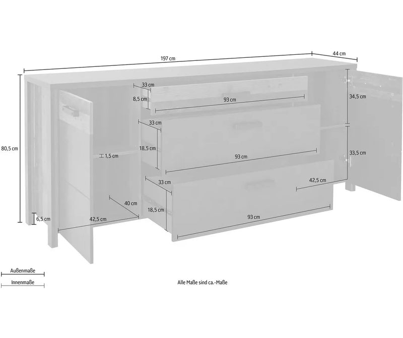 Dressoir wandmeubel modern mat donkergrijs bruin Breedte 197 cm Diepte 44 cm Hoogte 80,5 cm